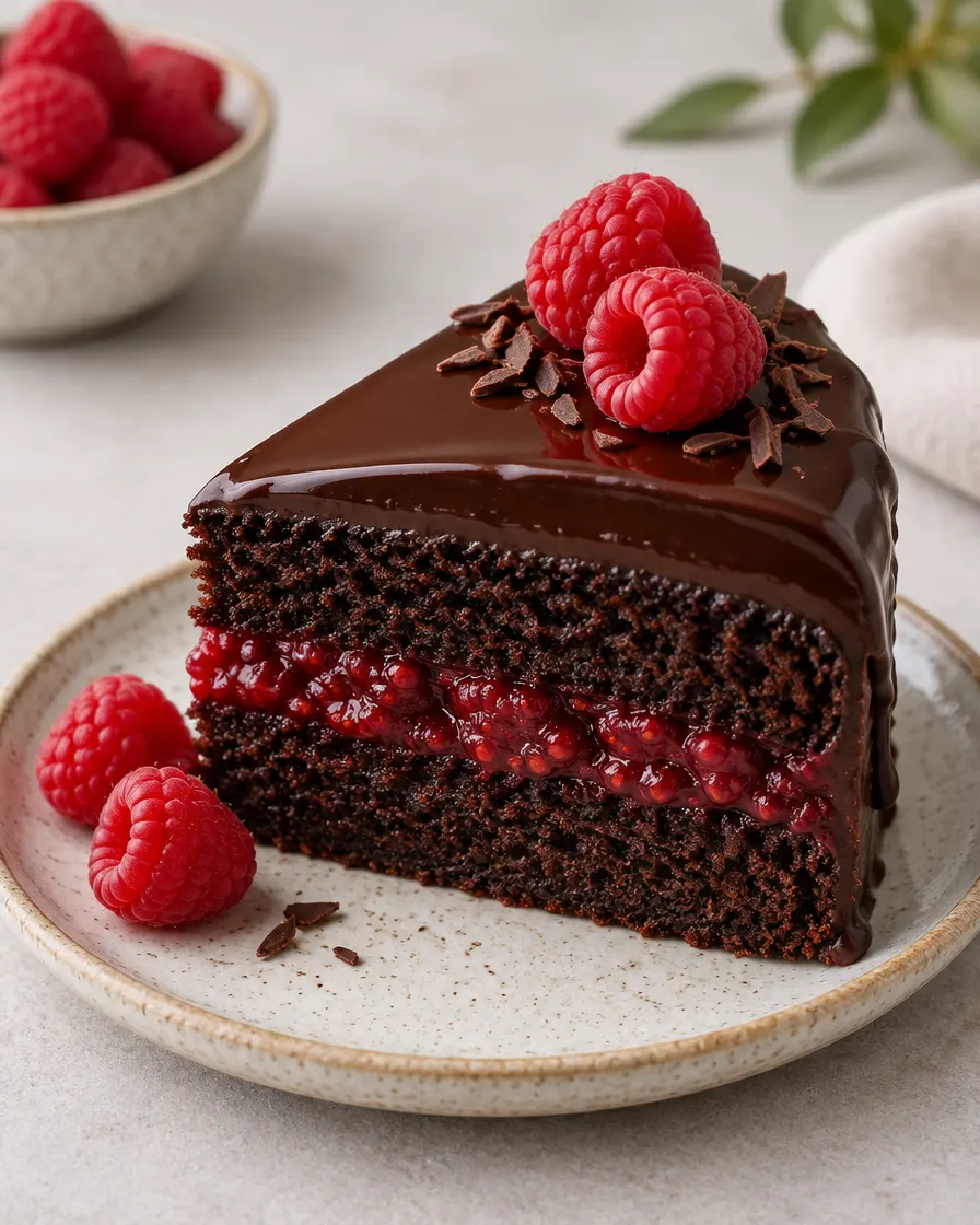 Vegan dark chocolate and raspberry cake